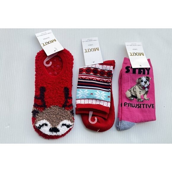 Mixit Accessories - 3 Mix it Pawsitive Red Holiday crew Socks and holiday slippers Shoe Size 4-10